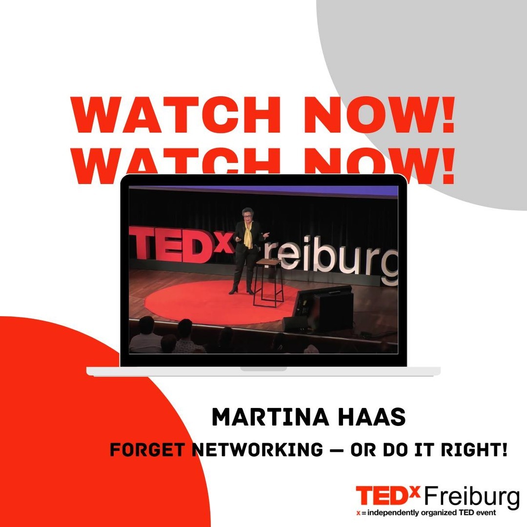 Watch now the TEDx Talk from Martina Haas, about ‚Forget networking — or do it right!‘.

https://buff.ly/3VgHAf4

Link to the video is also in our bio! Have fun watching. 

#ted #tedxfreiburg #tedx #tedxtalk #martinahaas #networking #freiburg